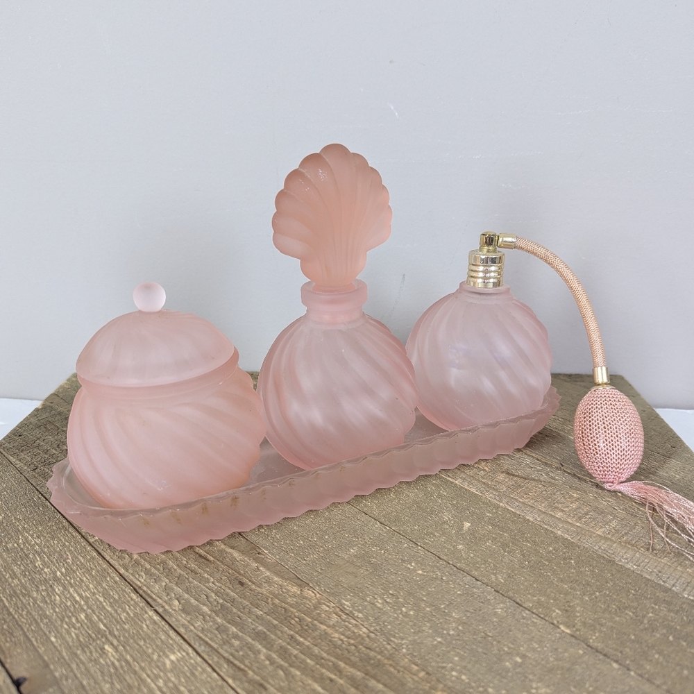 Vintage Frosted Pink Glass Perfume Vanity Set Atomizer Tray Dressing Table Set
